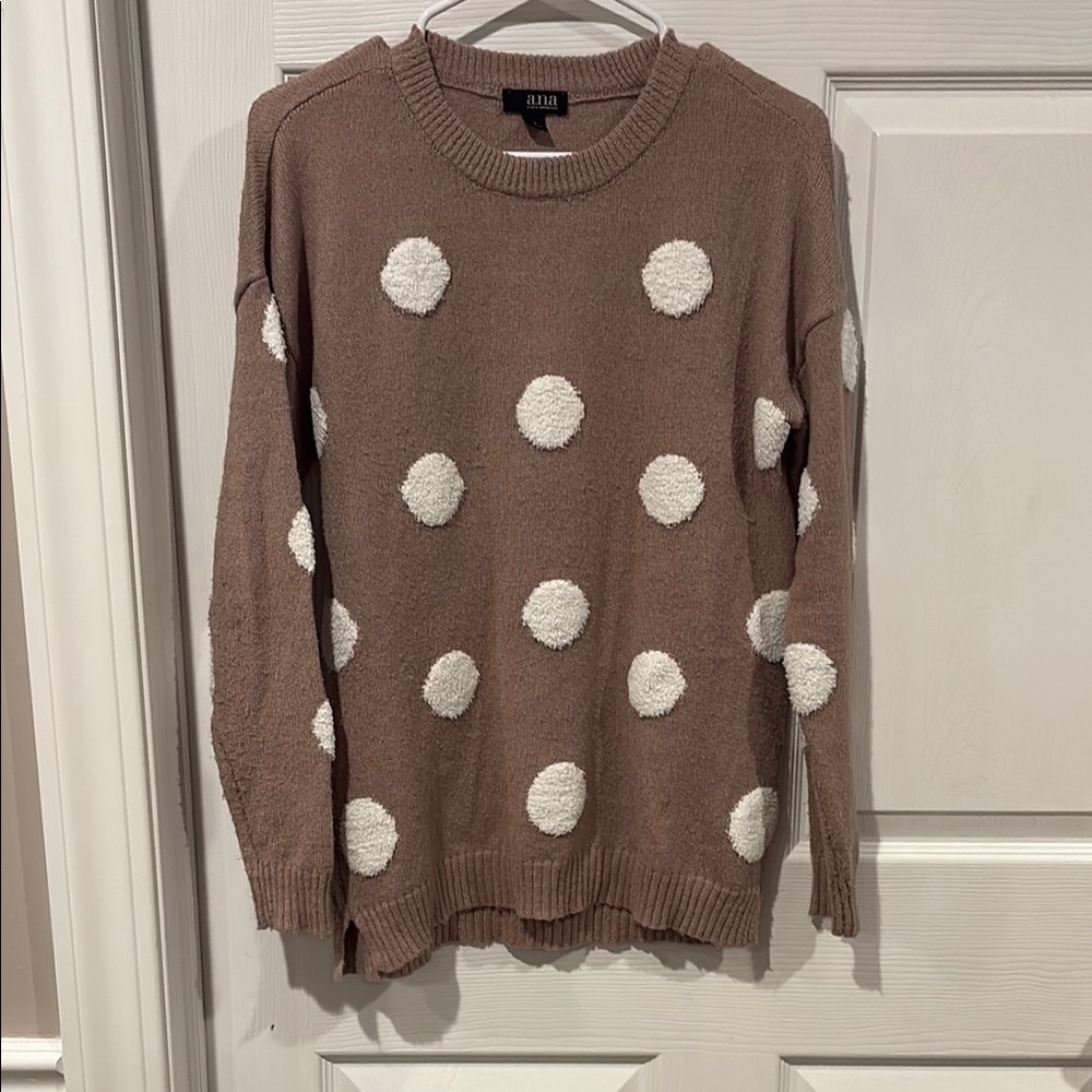 a.n.a Taupe Crewneck Sweater with White Pom Dots